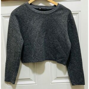 ZARA Women‎ Charcoal Ribbed Knit Cropped Sweater Long Sleeve Crew Neck Size M